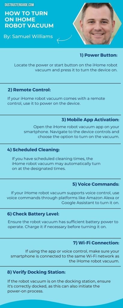 how to turn on ihome robot vacuum infographic